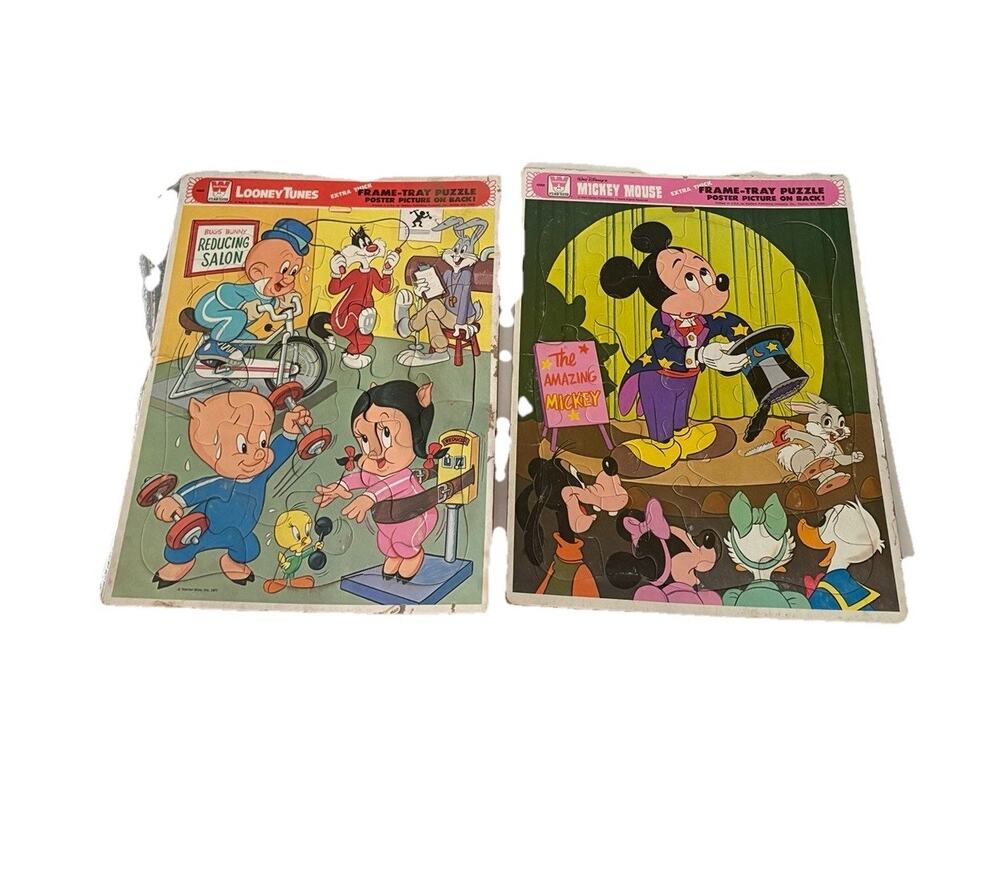 Vintage Whitman Tray 2 Puzzle Lot Looney Tunes Mickey Mouse 1977 11”x14”